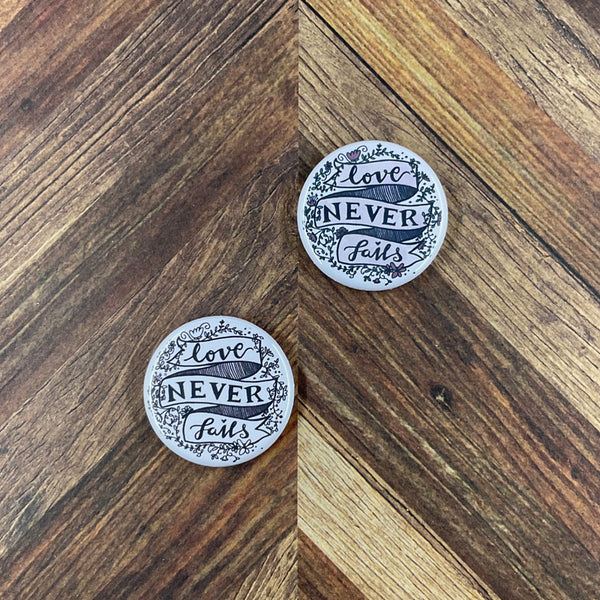 JW Magnets or Pins - Love Never Fails - 1.25" Buttons